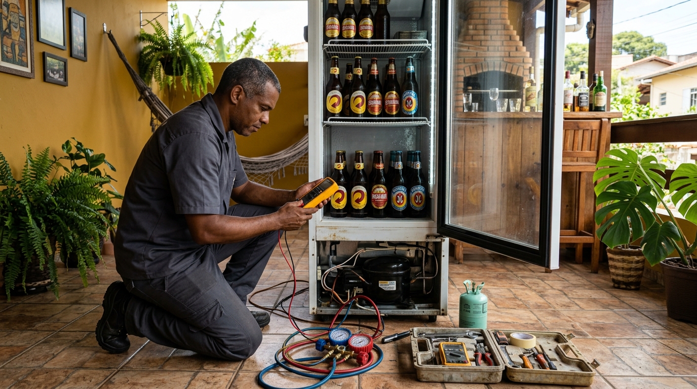 Placa eletrônica de cervejeira em reparo na bancada em Cuiabá‑MT
