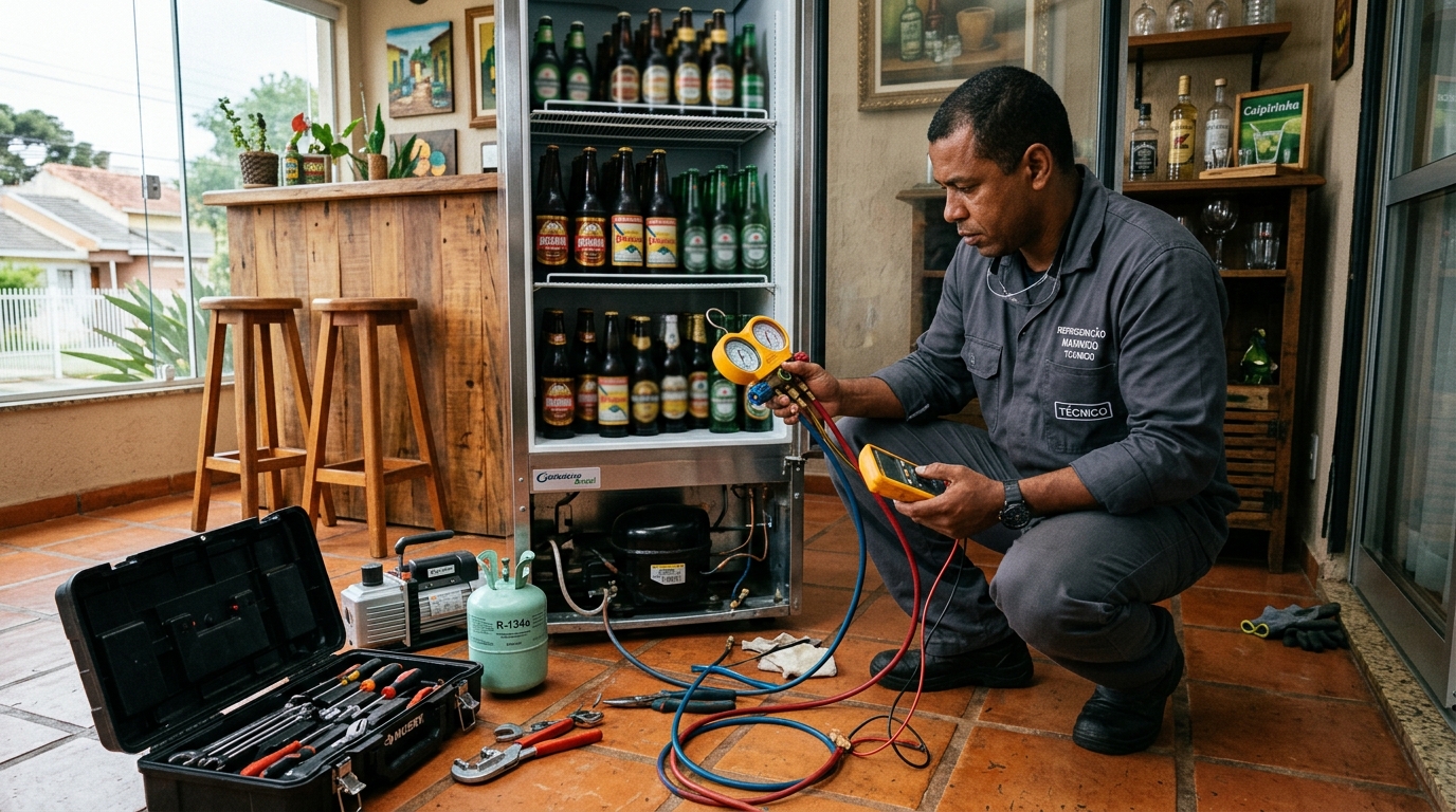 Técnico revisando o motor de uma cervejeira durante chamado em Cuiabá‑MT