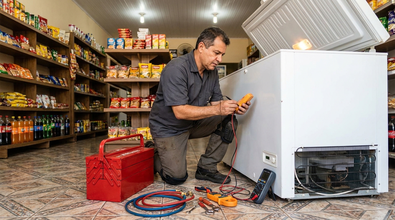 Manômetro conectado ao circuito durante recarga de gás de freezer em Cuiabá‑MT