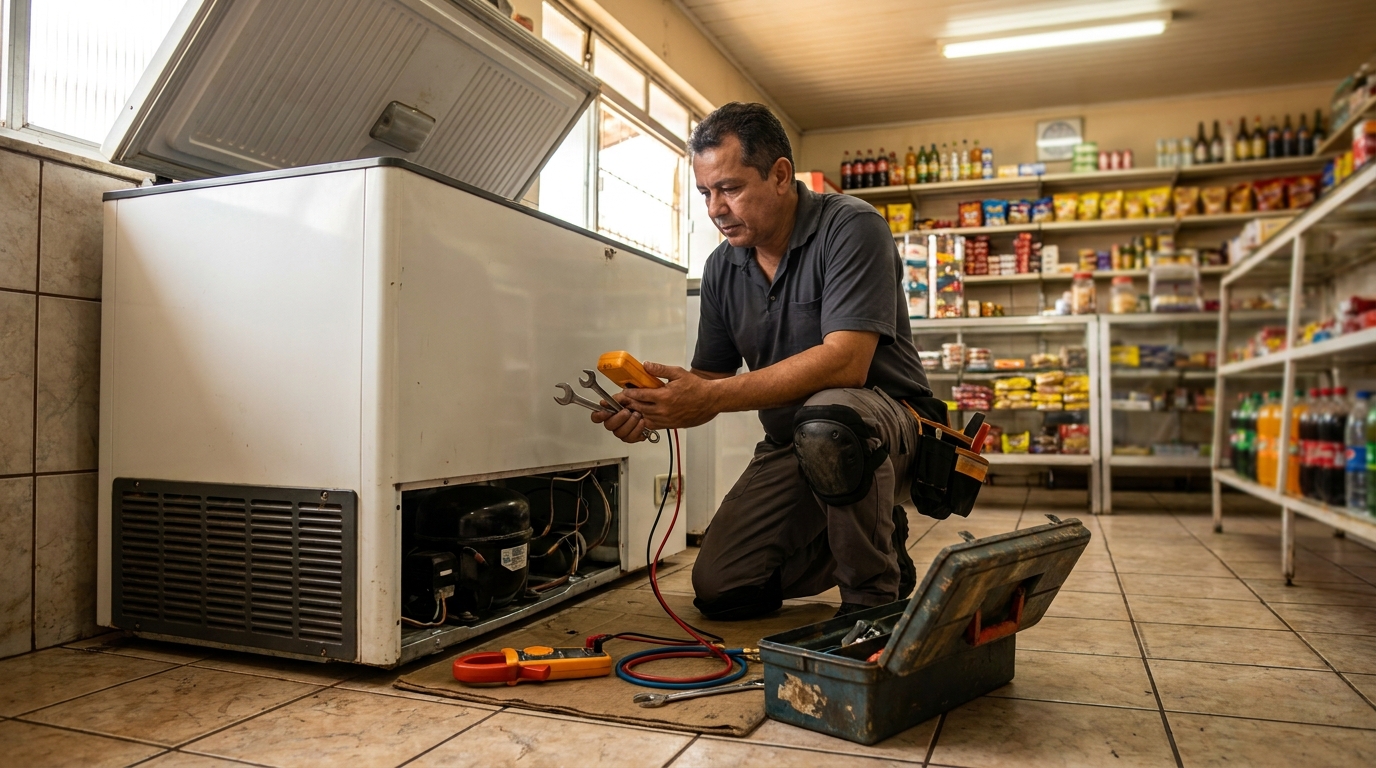 Técnico avaliando um freezer vertical durante atendimento em Cuiabá‑MT