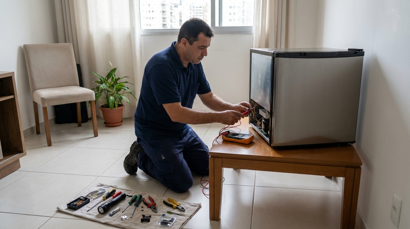 Técnico avaliando um frigobar compacto durante atendimento em Cuiabá‑MT
