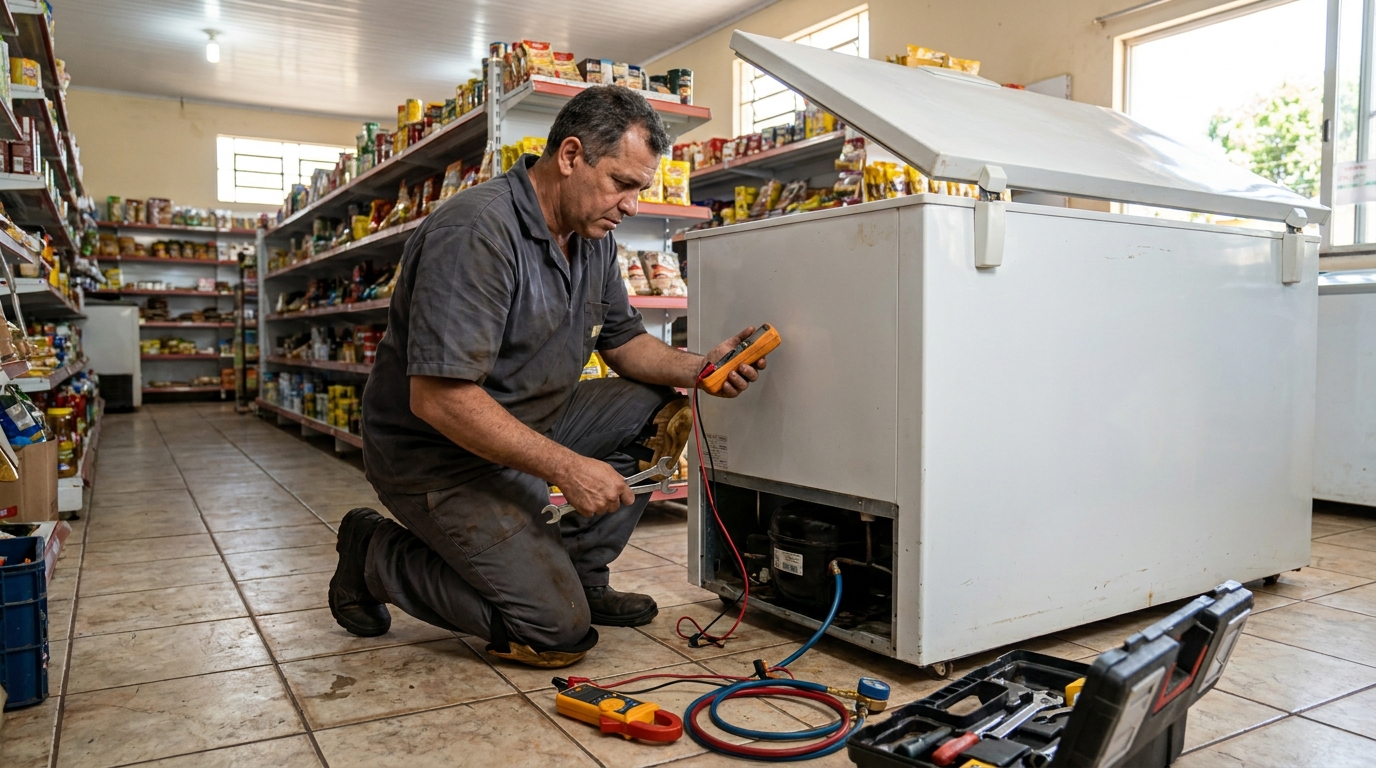 Troca de termostato de freezer em atendimento em Cuiabá‑MT